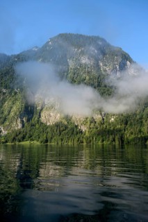 Königssee, mountains with remnants of morning mist, from the boat, Schönau, Königssee,