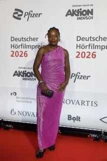 Kathy Etoa in front of the German Audio Film Awards ceremony at the Colosseum cinema in Berlin on