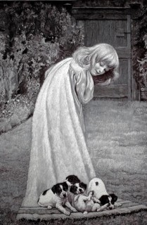Four puppies have made themselves comfortable on a girl's coat and let themselves be dragged, 1896,