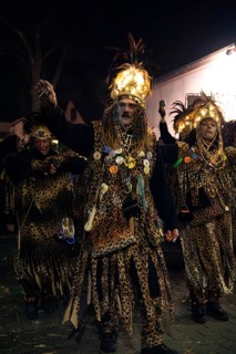 Group in leopard print costumes with colourful decoration at night party, carnival, Tiefenbronn,