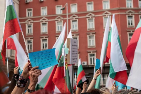 Sofia, Bulgaria. September 2nd 2020 Bulgarian anti-government protestors gather in front of police