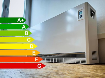 Night storage heating in a room in Düsseldorf, energy efficiency classes according to the GEG,