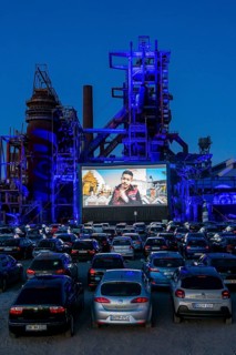 Drive-in cinema Dortmund, against the backdrop of the former blast furnace plant Phönix-West in