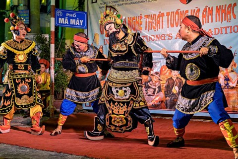 Traditional Vietnamese theatre scene with vibrant costumes and a fighting act on stage, traditional