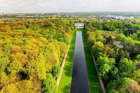 Aerial view of Spiegelweiher and Benrath Palace and Park, Düsseldorf, Germany