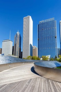 Chicago skyline skyscraper skyscrapers and BP Pedestrian Bridge bridge skyscraper in Chicago, USA