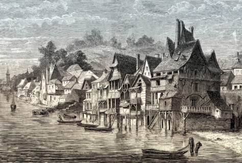Old view of Laval, Mayenne department, France, 1857