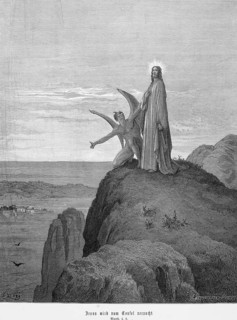 Jesus is tempted by the devil, Matthew, chapter 4, verse 8, mountain, devil kneels, submission,