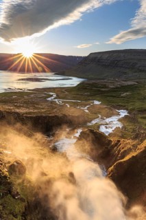 Waterfall, midnight sun, sun star, clouds, mountains, coast, Dynjandi, Westfjords, Iceland