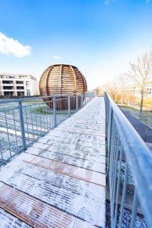 Wooden ball structure next to a wooden path with metal railing under a blue sky, forest ball from