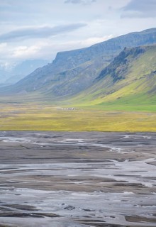 View from a hill, view over alluvial land, meandering river, Dímonarhellir, Suðurland, Iceland
