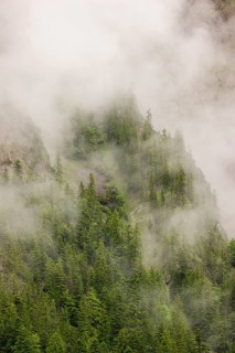 Wisps of mist cover the Karwendel mountains in the Großer Ahornboden nature reserve, Eng Valley,