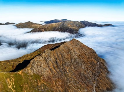 Snowdon Massif from a drone, Snowdon Range, Snowdonia, North Wales, UK
