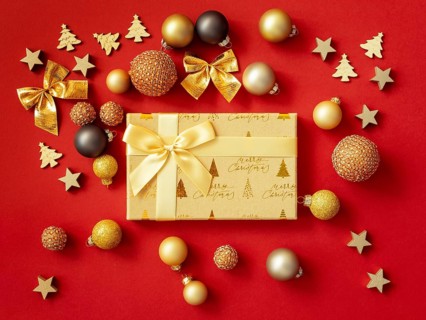 Christmas decoration, red background, Merry Christmas, gifts, Christmas balls, bows, studio,