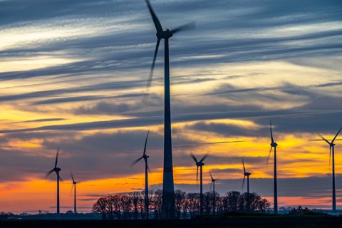 Sunset at Issum wind farm, Lower Rhine, North Rhine-Westphalia, Germany