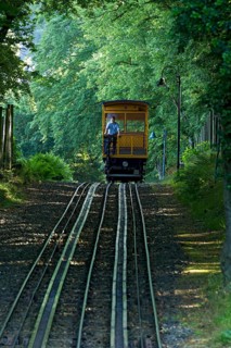 Historic funicular railway, rack and pinion funicular railway with water load on tracks,