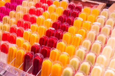 Several rows of ice lollies, Mercat de la Boqueria, famous market on the Ramblas in Barcelona,