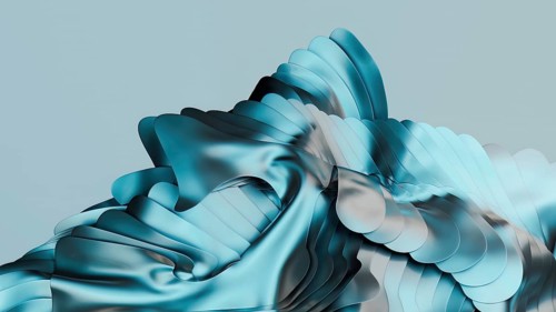Abstract digital artwork featuring undulating metallic blue waves and smooth curves, creating a