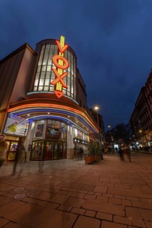 The Vox cinema in Strasbourg is illuminated at night. Bas-Rhin, Alsace, Grand Est, France