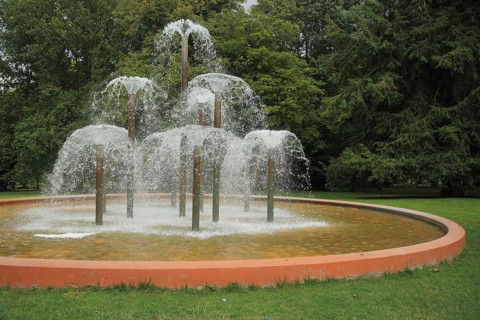 Fountain with water features, water basin, mushroom-shaped water fountain, spa garden, Bad Homburg,