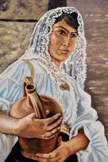 Sardinian Mural painting, peasant woman with wine jug, Mural, Thieri, Sardinia, Italy