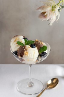A sophisticated serving of vanilla and chocolate ice cream adorned with fresh blueberries, mint