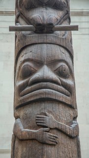 Wooden figure, detail of totem pole from 1850 in British Columbia, Canada in British Museum,