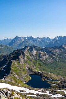 Mountains and fjord landscape, view from the summit of Rundfjellet, Lake Hellskarvatnet, Svolvaer,