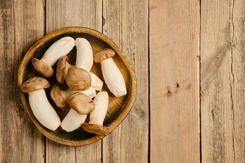 A bowl holds fresh king oyster mushrooms. They have different shapes and colors. The bowl is placed