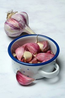 Fresh, red garlic cloves in pots, garlic (Allium cepa), France