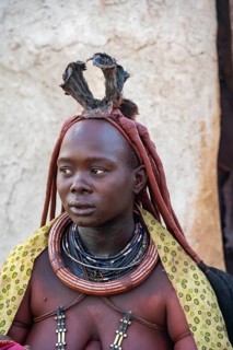 Married Himba woman with traditional headdress, portrait, traditional Himba village, Kaokoveld,