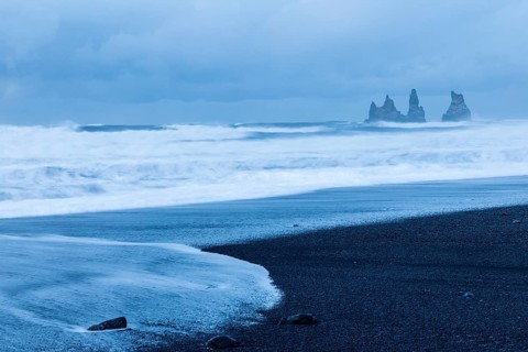 Reynisdrangar pinnacles, lava sandy beach, waves sea, snow, winter, Vik, Iceland, Scandinavia
