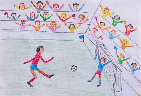 Naive illustration, soccer game with stadium and audience