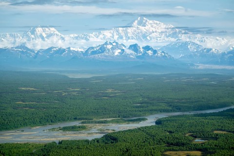 Aerial view, Mt Denali with river and forest, Alaska Range, Denali National Park, Alaska, USA