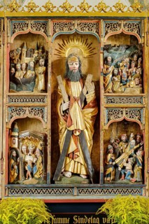 Altar and altarpiece with central depiction of St Andrew, Keldby Kirke, Keldby Church, Mön Island,