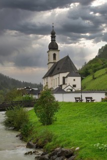 Parish church of St Sebastian, bridge, stream, rainy weather, Ramsauer Ache, Ramsau,