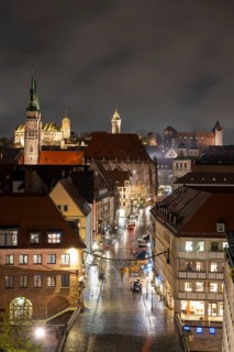 City view with Imperial Castle and St Sebald's Church, night shot, Nuremberg, Middle Franconia,
