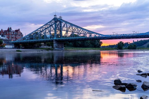 Blue Wonder bridge over the Elbe at sunset, Loschwitz, Dresden, Saxony, Germany