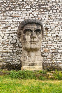 Giant sculpture head of Roman emperor Constantine the First (272-337 AD), Berat Castle, Berat,