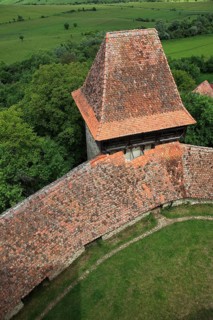 Romania, view from the church tower of the defensive wall and tower of the fortified church of