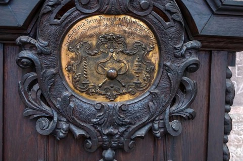 Detail of the craftsman's chair or alms chair from 1738, the Drechsler Guild, Sebaldus Church,