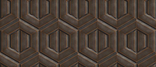 Elegant seamless wallpaper featuring a 3D geometric pattern of hexagons and stripes in dark tones.
