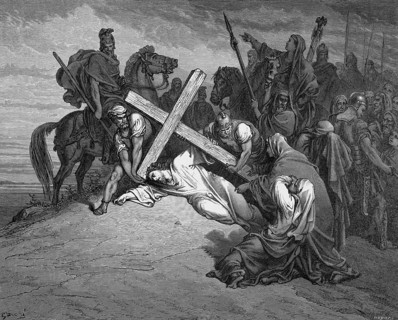 Jesus on Calvary, John chapter 19, verse 17, carrying the cross, Golgate, Roman soldiers, rider,