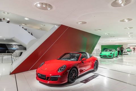 Porsche Museum Stuttgart-Zuffenhausen. Porsche 911 Targa 4 GTS from 20215. The automotive museum of