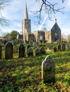 Ruins of Holy Trinity church, Buckfastleigh, north Devon, England, UK destroyed by fire in 1992