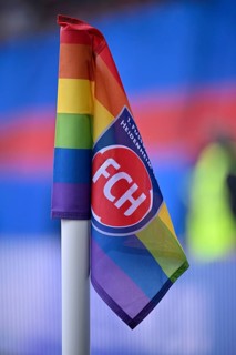Corner flag in rainbow colors LGBTQ community action day TOGETHER Stop Hate FC Heidenheim logo