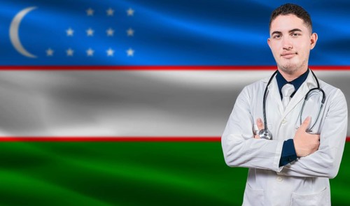 Portrait of medical professional on Uzbekistan flag background. Uzbek national health system