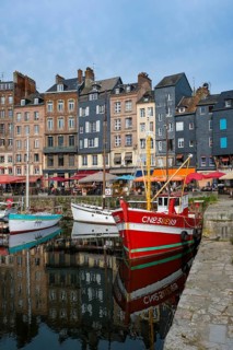 Honfleur, Normandy, France - Boats on the Quai Sainte-Catherine in the old harbour, Vieux Bassin,