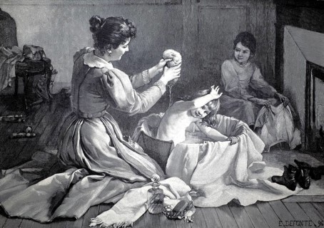 Bathing day, little girl in a washing tub, the mother washing the child with a sponge, 1896,