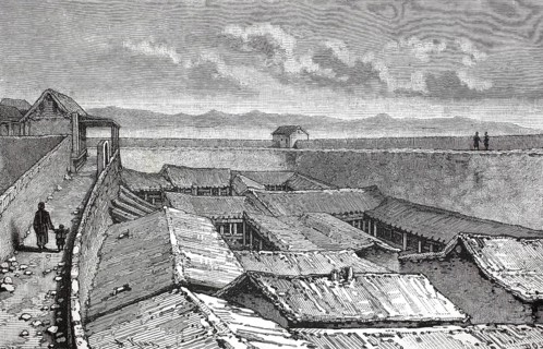 This historical illustration shows a street within the city walls of Canton, illustrating the dense